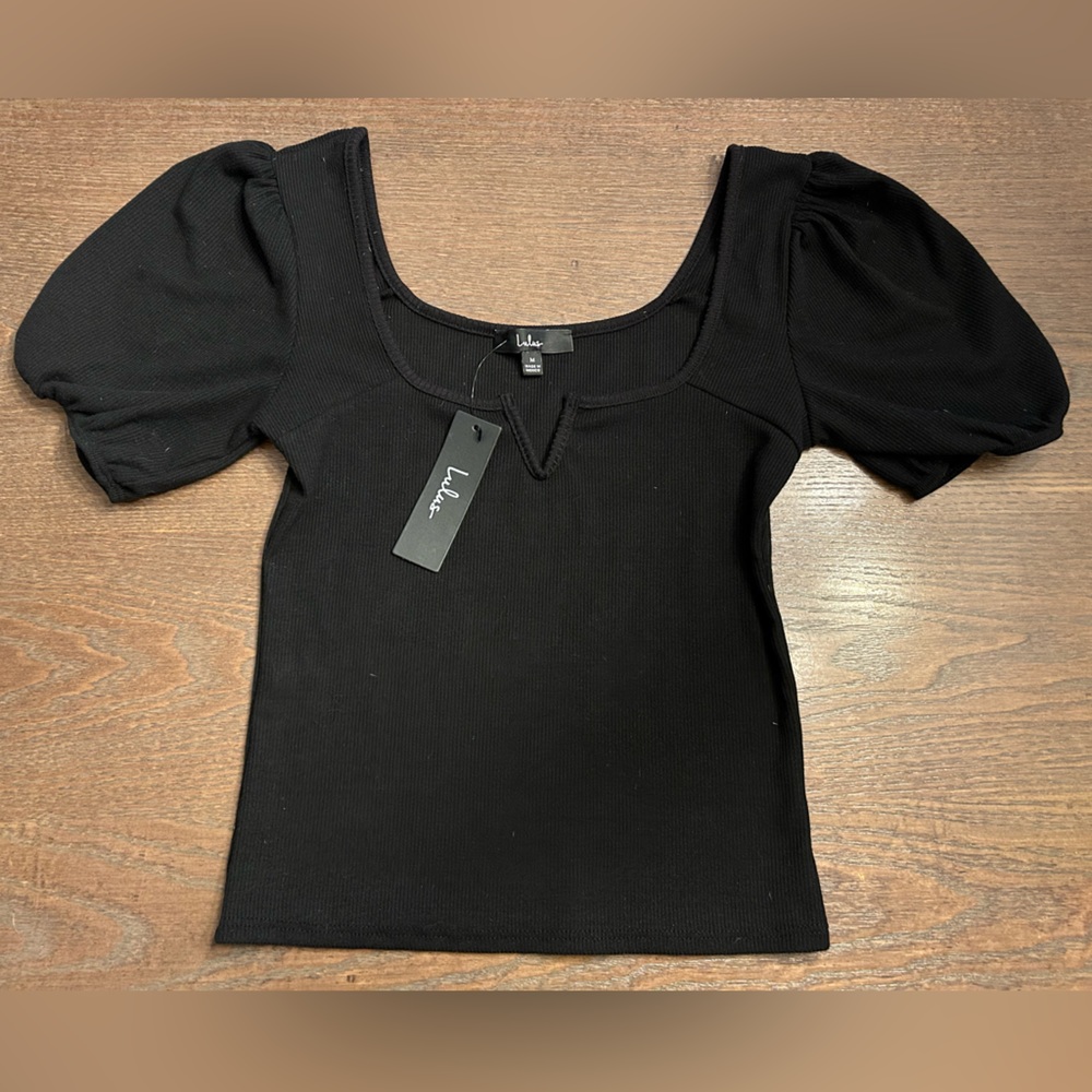 Effortless Black Ribbed Notched Puff Sleeve Top (M)